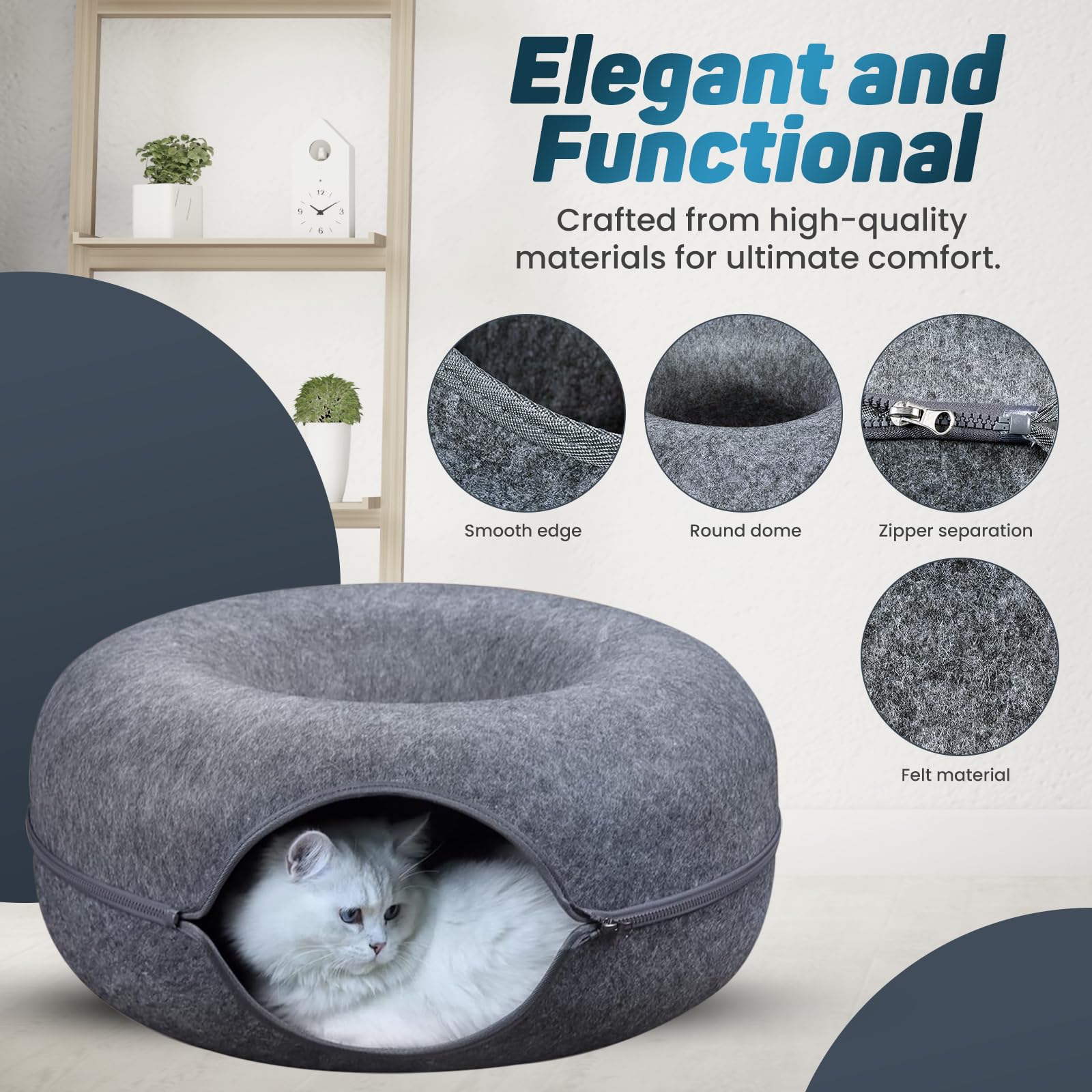 Peekaboo Large Cat Cave & Donut Bed - Scratch-Resistant, Washable Cat Tunnel Bed For Large Indoor Cats Up To 30 Lbs. (Dark Gray)